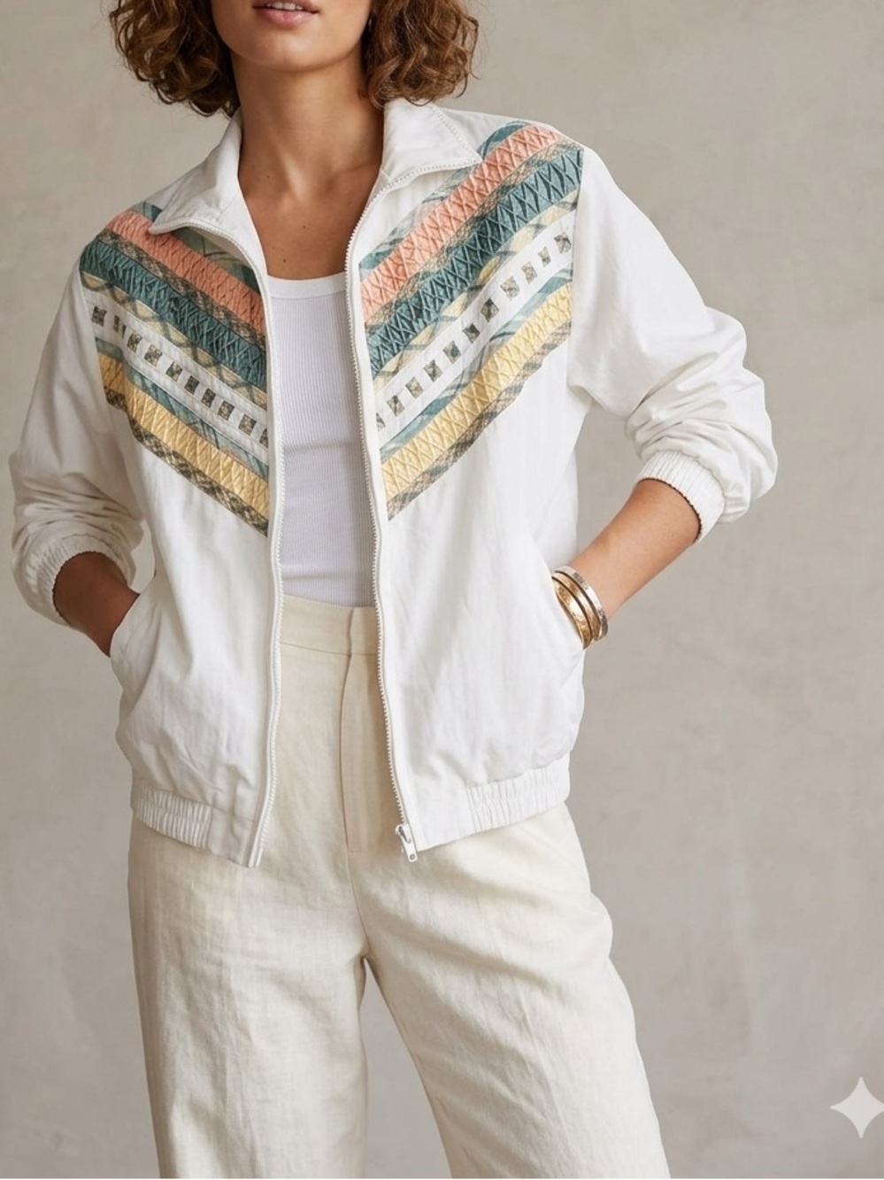 Koret Vintage Off White Pastel Chevron Smocked Track Jacket❤️